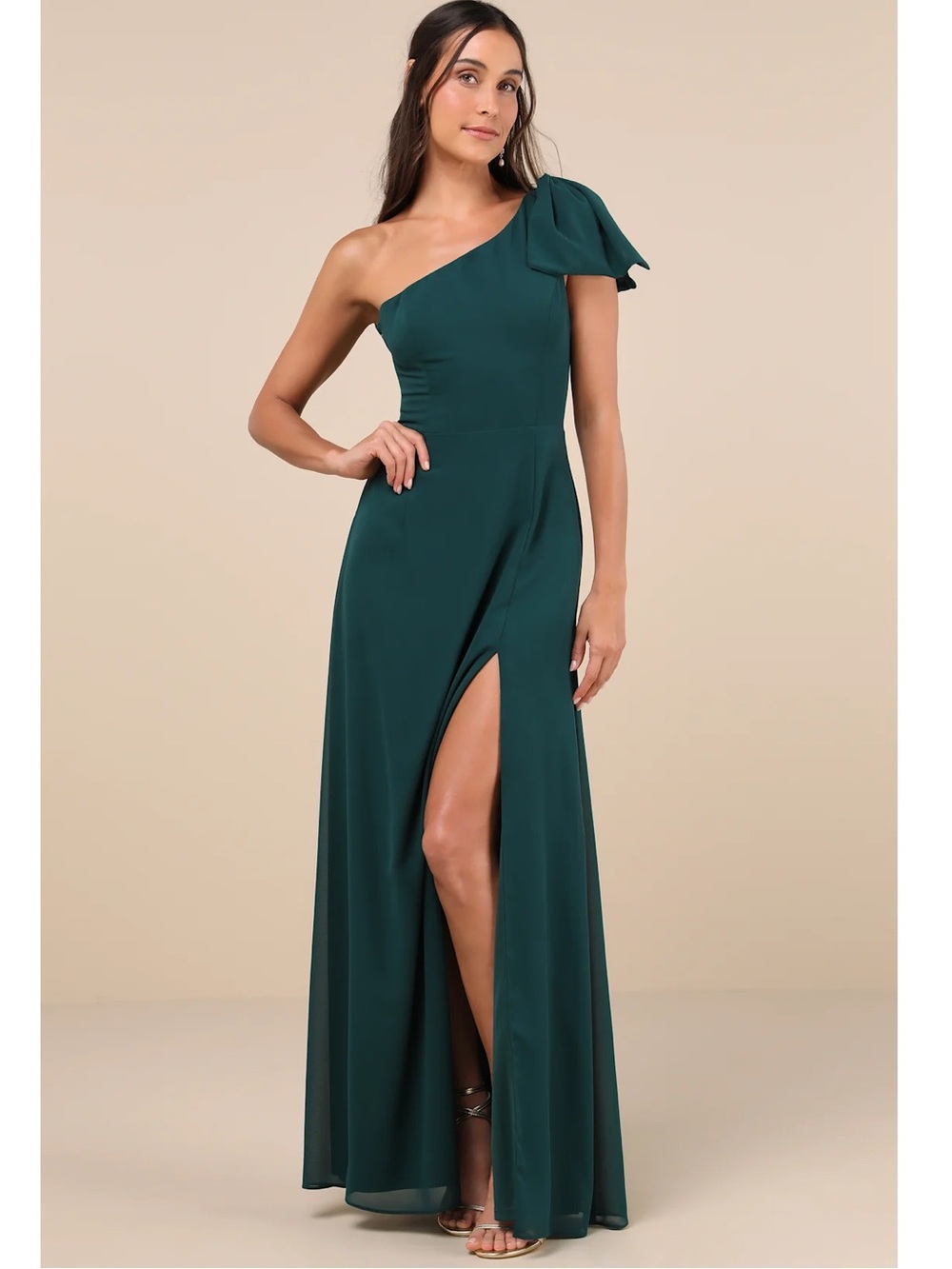 Lulus Simply Brilliant Green One-Shoulder Bow Side Slit Maxi Dress Event